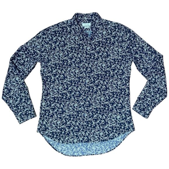 ZARA MEN Tailored Fit Long Sleeve Button Shirt Size L Navy Blue White Floral - Picture 1 of 12
